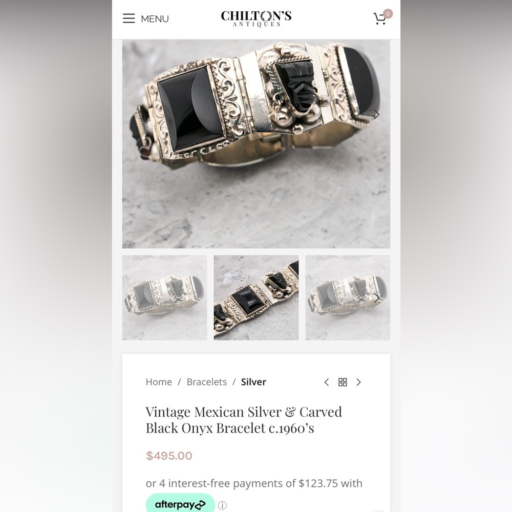 Vintage carved black onyx,Aztec Silver 925,sterling bracelet